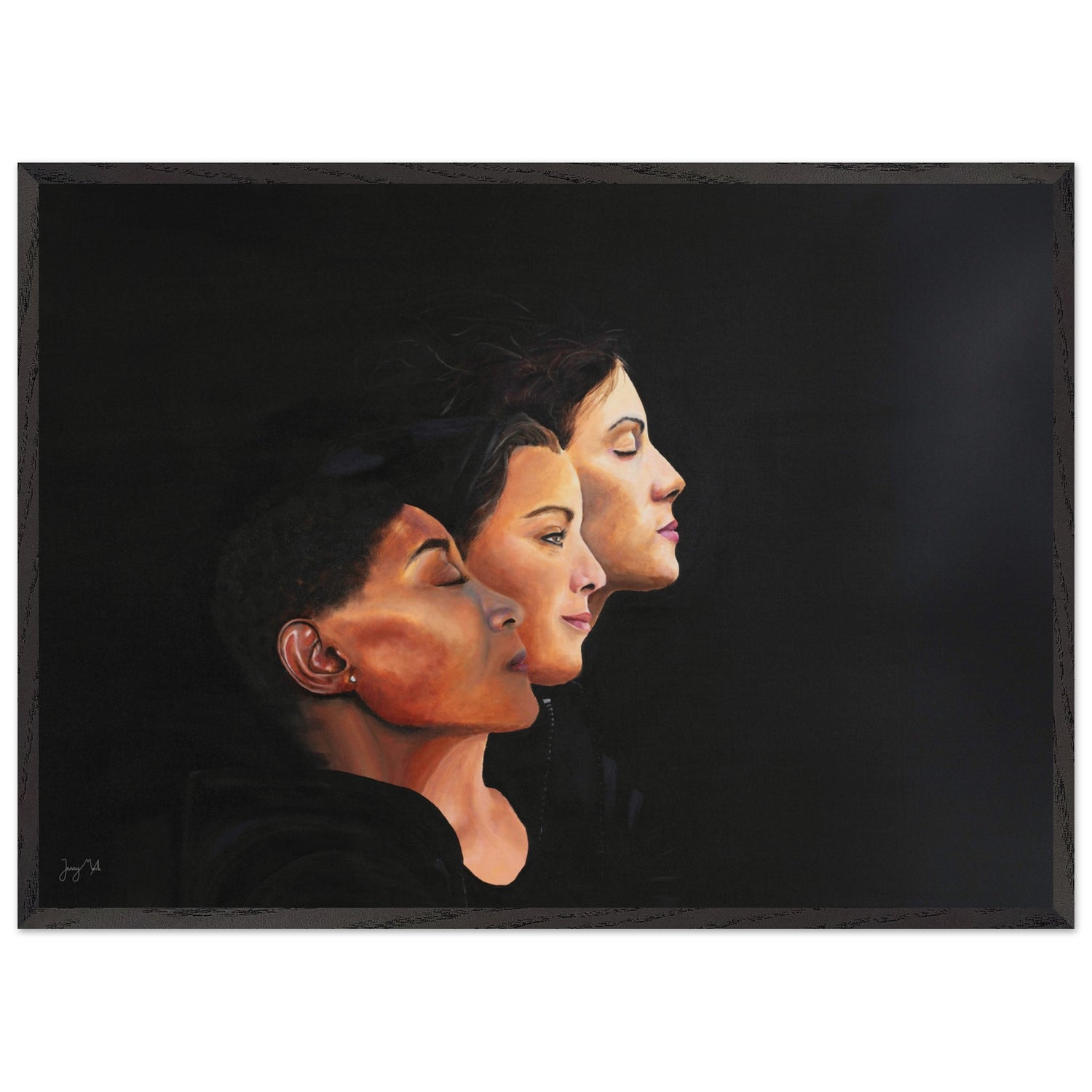 Painting titled "Sisterhood" displaying three faces next to each other surrounded by a dark background facing the light.