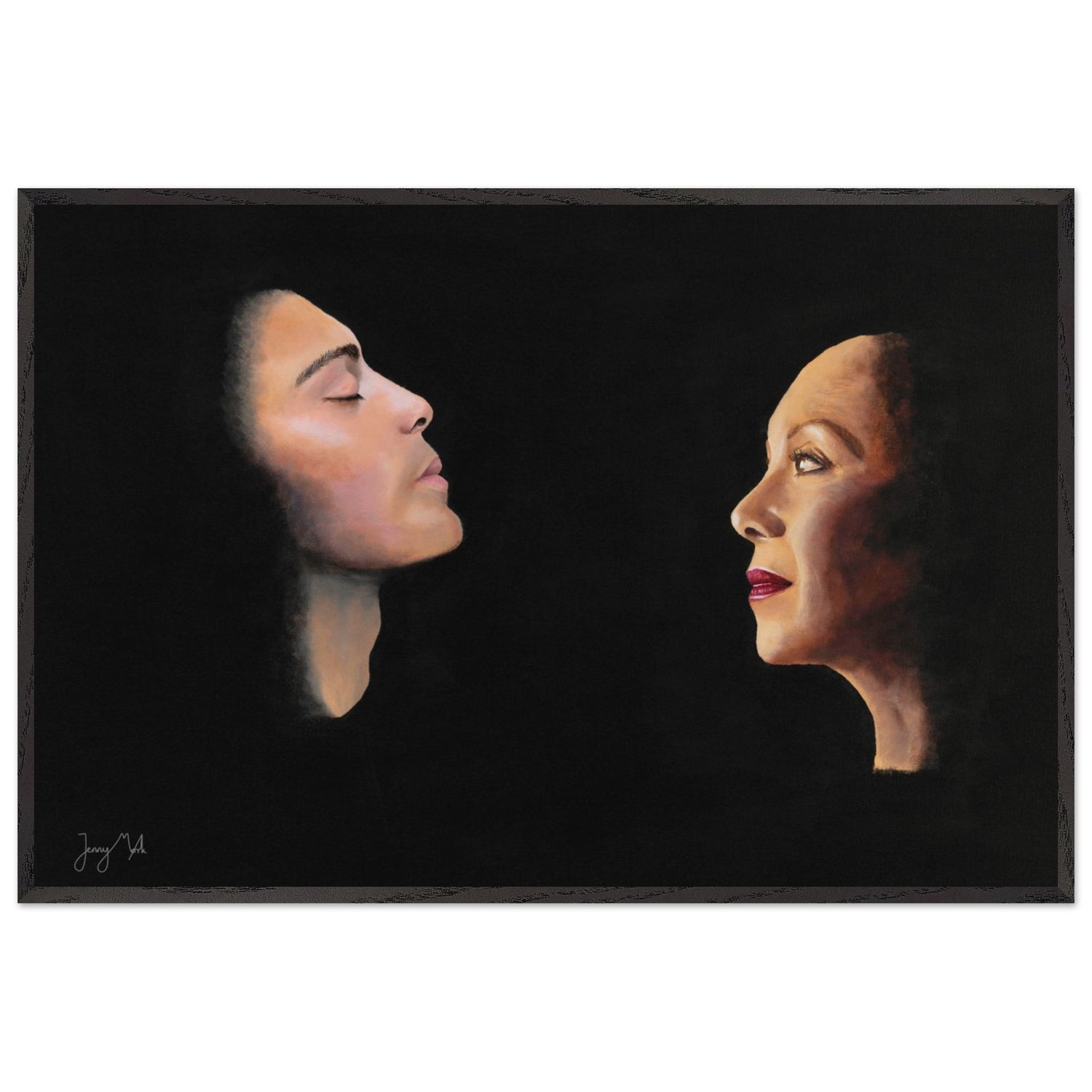 The painting "Pride" displaying two faces facing each other coming out from a dark background